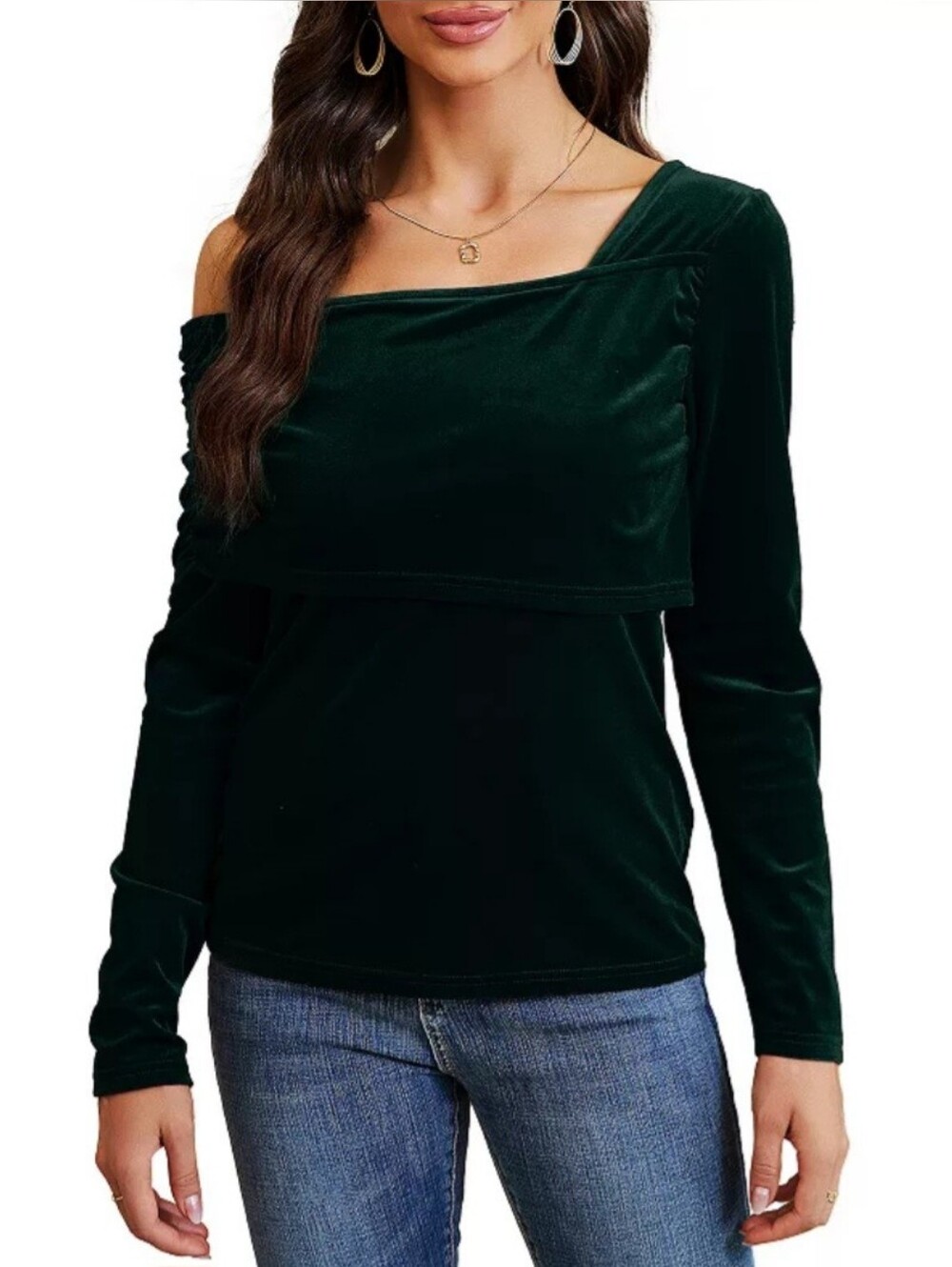Off Shoulder Velvet Long-Sleeve Top - Dark Green